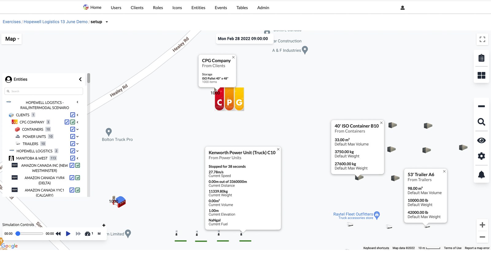 ARTEMIS Logistics simulation — Hopewell Logistics Rail/Intermodal scenario with CPG storage, Kenworth power units, trailers and containers serving Amazon Canada destinations
