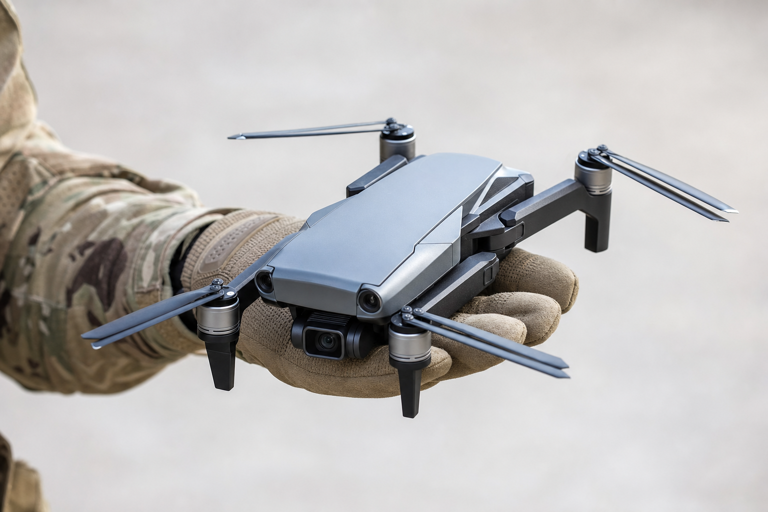Compact foldable reconnaissance quadcopter in gloved hand