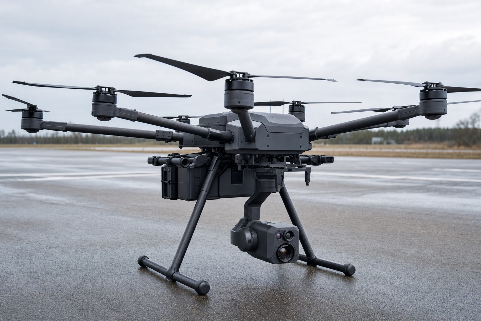 Heavy-lift octocopter with bi-spectral gimbal camera on airfield