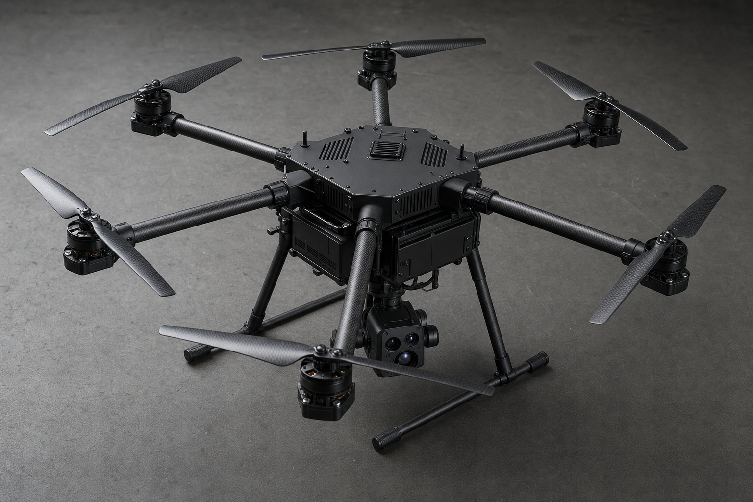 Industrial hexacopter with bi-spectral gimbal camera on carbon-fiber airframe