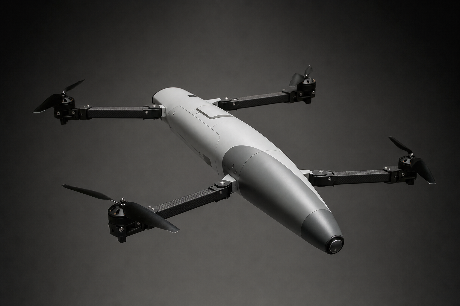 High-speed interceptor drone with folding quad-rotor arms and pointed nose