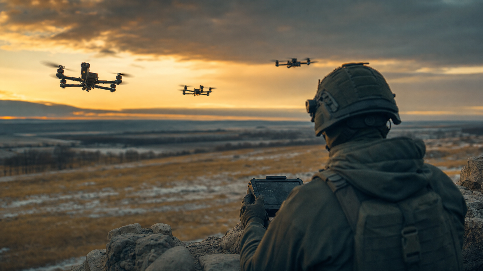 Tactical FPV drones over open terrain at dusk, operated from a fortified position